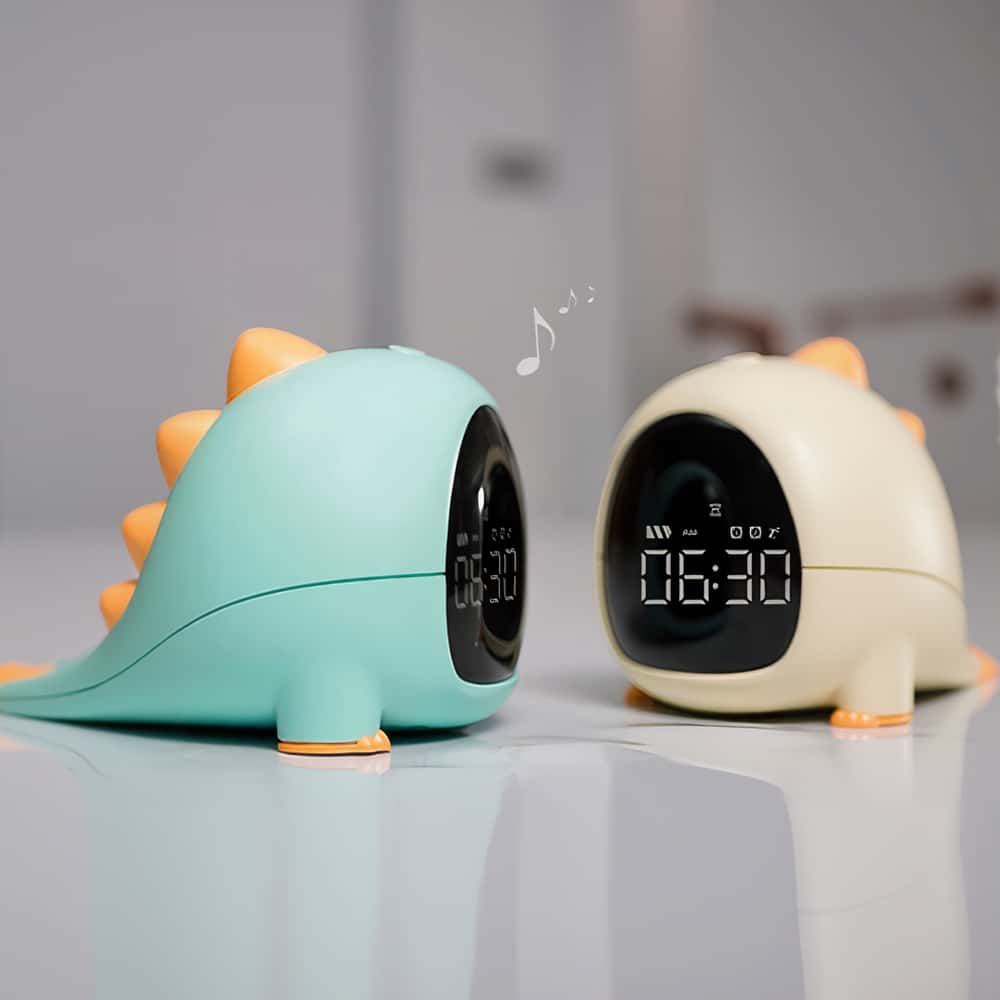 Sveglia digitale a forma di dinosauro kawaii verde e giallo per bambini con schermo a LED