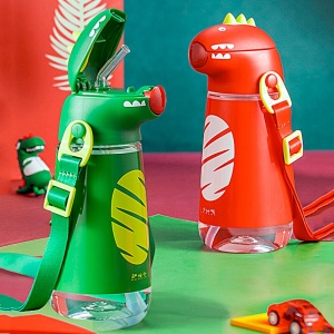 Bottiglia per bambini 450 ml con cannuccia a forma di dinosauro in verde e rosso con tracolla