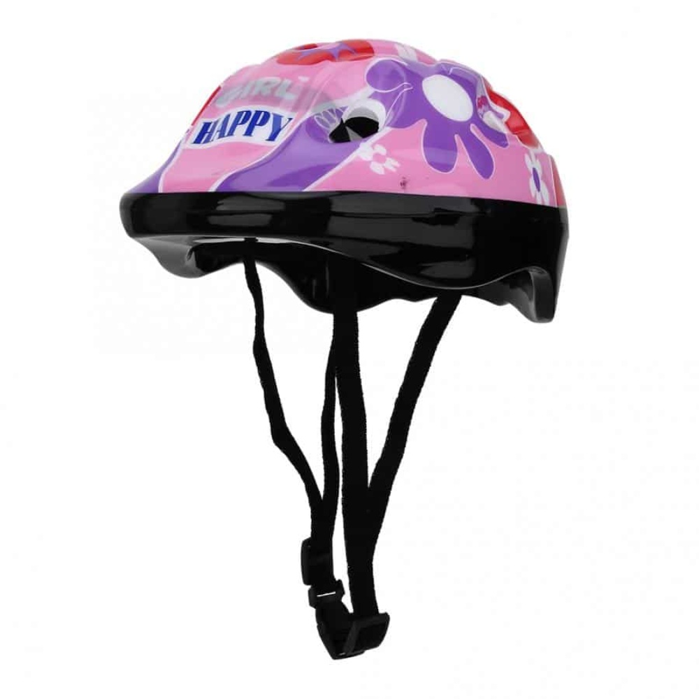 Casco da bicicletta regolabile in schiuma per bambini in viola con fiori su sfondo bianco