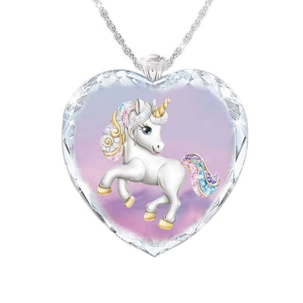 Collana per bambina con ciondolo unicorno in cristallo rosa e argento