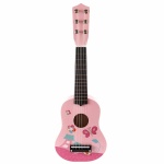 Mini chitarra in legno con 6 corde rosa su sfondo bianco