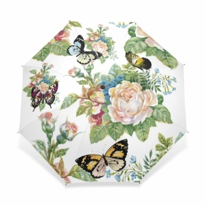 Ombrello a farfalla a tre pieghe per bambini con fiori colorati e farfalle su sfondo bianco