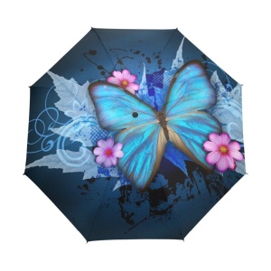 Ombrello a farfalla blu per bambini con fiori rosa e sfondo bianco