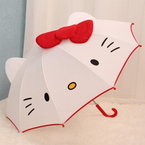 Ombrello Hello Kitty per bambini in bianco e rosso su sfondo bianco e blu