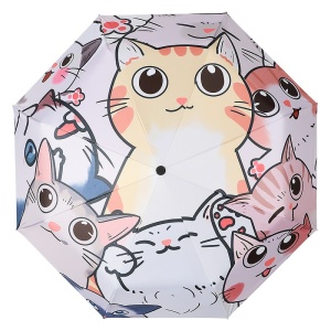 Ombrello a tre pieghe con disegno di gatto su sfondo bianco