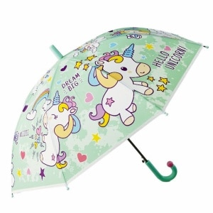 Ombrello per bambini con disegno di unicorno verde su sfondo bianco