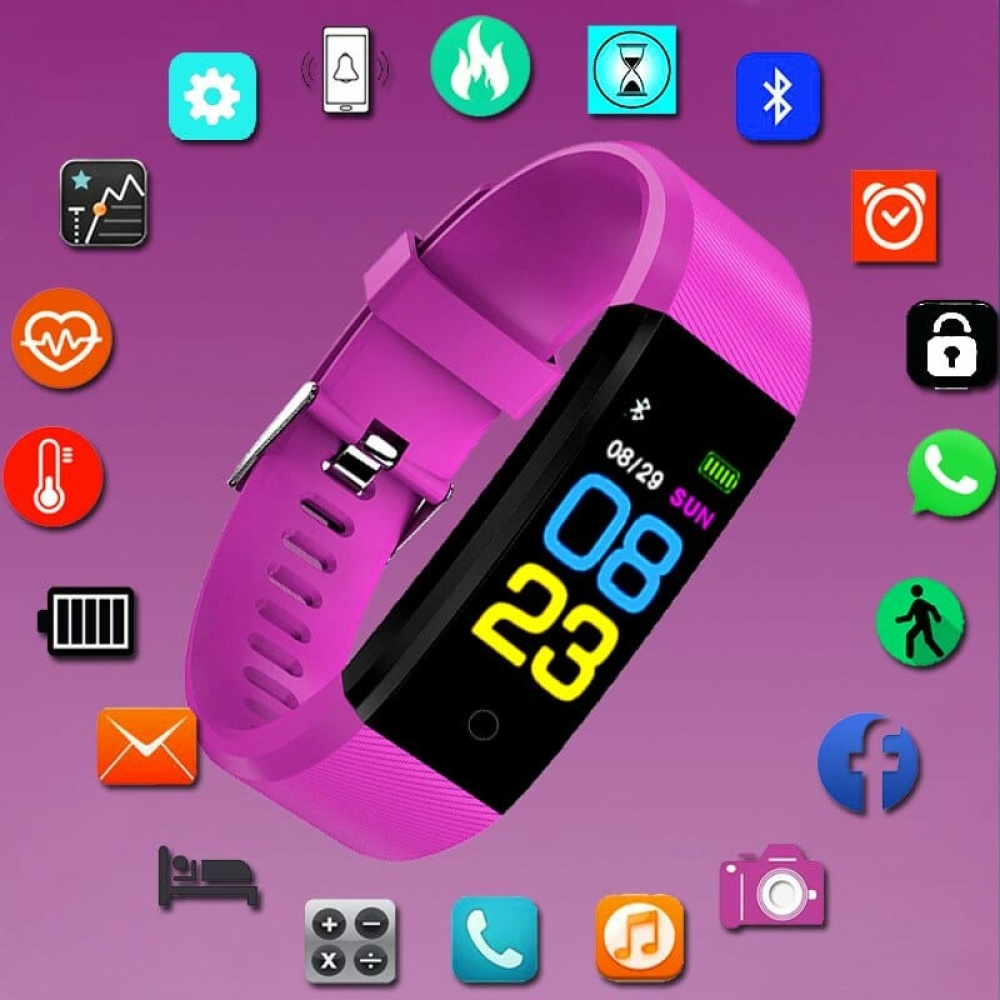 Orologio connesso rosa con touchscreen. Dispone di numerose funzioni, tra cui Whatsapp, Bluetooth, chiamate, fotocamera, Facebook, contapassi, cronometro, ecc. Il cinturino è piccolo e regolabile per adattarsi a tutti. L'ora è visualizzata in modo digitale e c'è un indicatore della batteria.