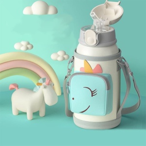 Borraccia thermos da 550 ml in acciaio inox con motivo cartoon bianco e grigio con arcobaleno colorato, su sfondo grigio con un unicorno