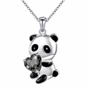 Collana per bambini con ciondolo panda nero e argento con cuore di diamante nero e catena d'argento