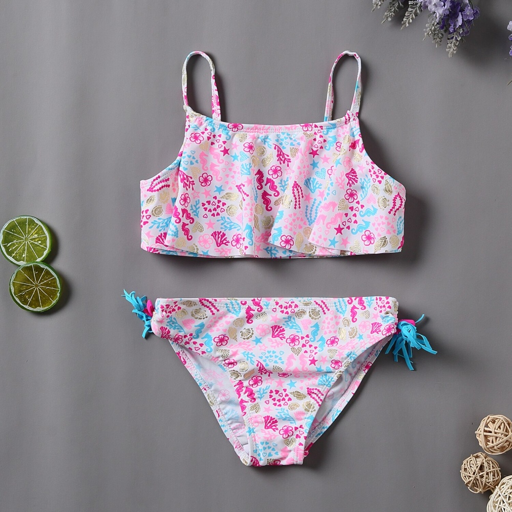 Costume da bagno a 2 pezzi con stampa animali marini rosa, bianchi e blu su una tovaglia grigia con stampa lime