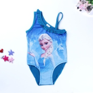 Costume da bagno intero Elsa blu con stelle colorate su sfondo bianco