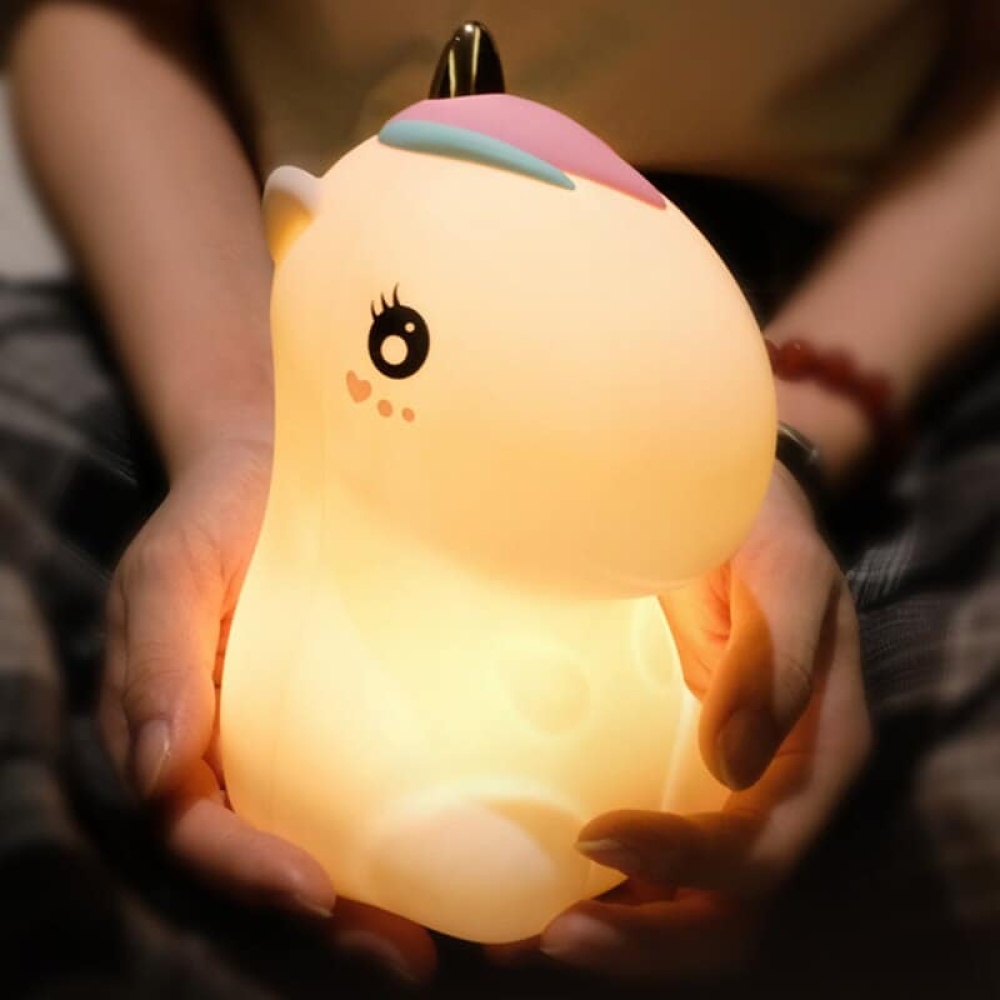 Lampada da comodino per bambini a forma di unicorno luminoso con occhi neri