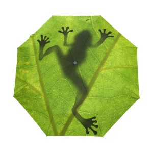 Ombrello per bambini con disegno di rana a forma di foglia verde su sfondo bianco