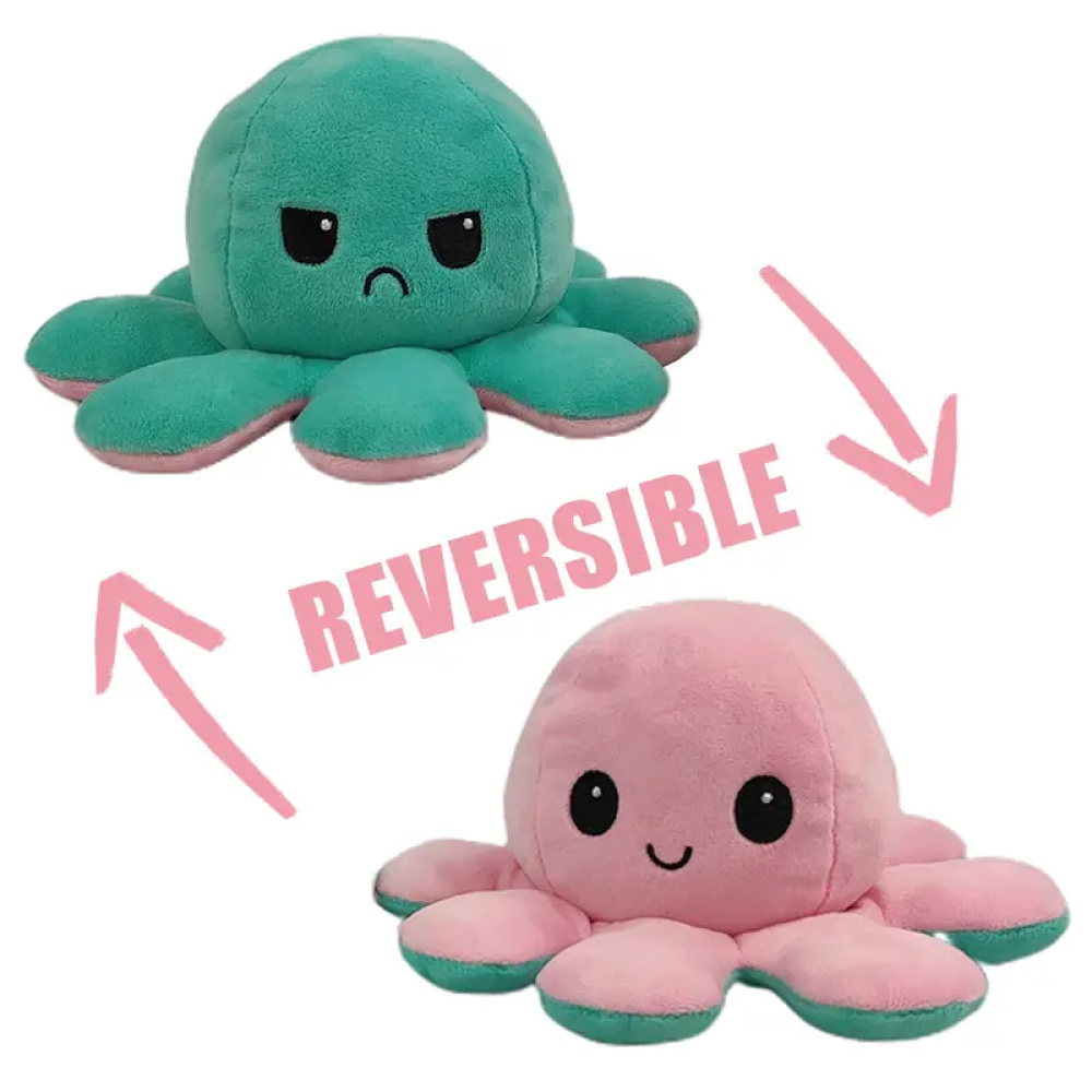 Polpo verde e rosa reversibile in peluche con occhi e bocca neri