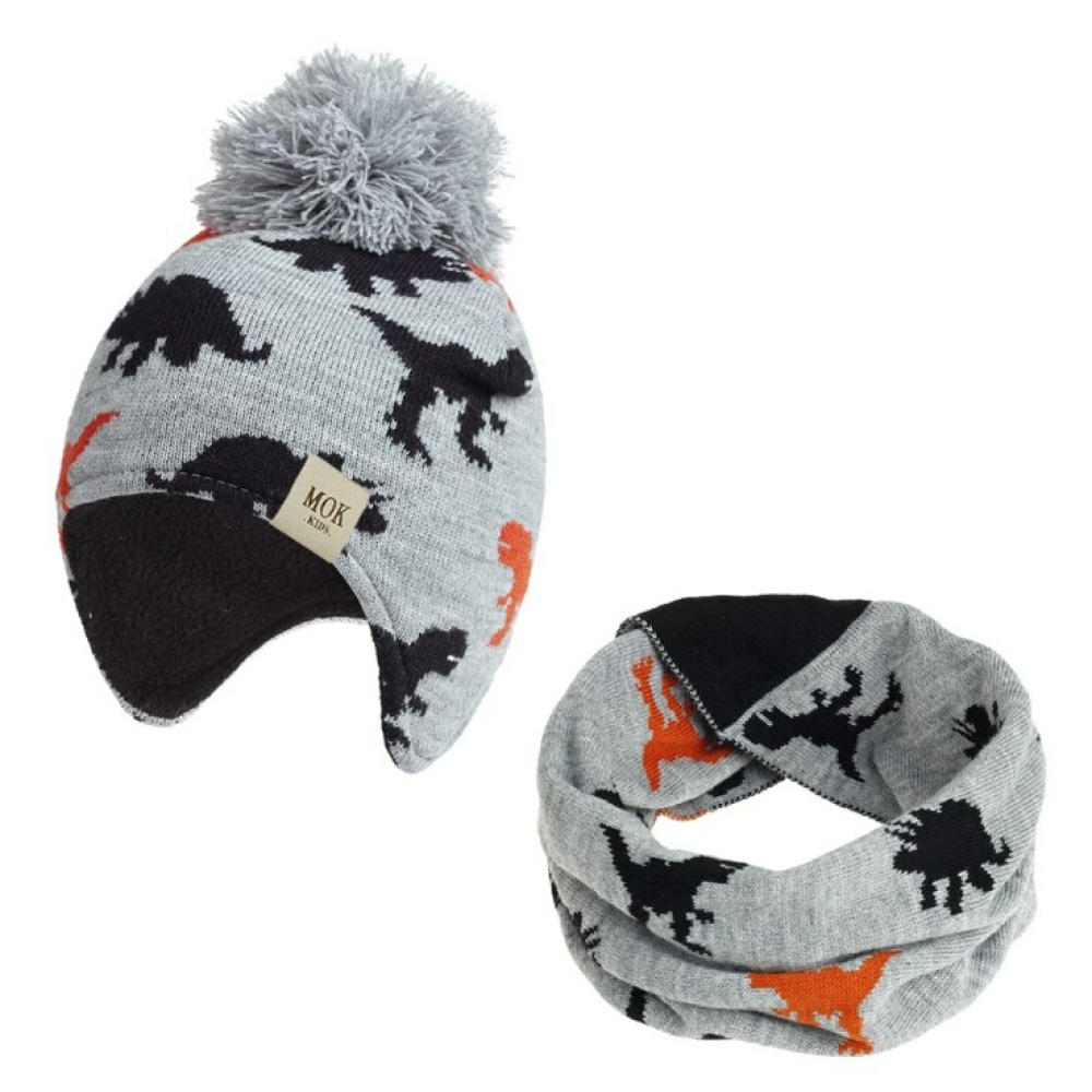 Set cappello e sciarpa da dinosauro grigio per bambini con pompon e motivi arancioni e neri