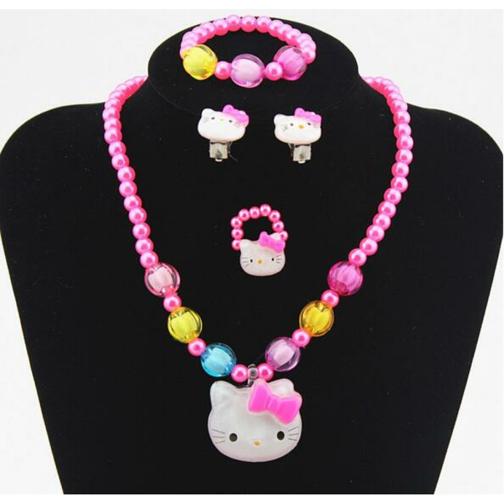 Set di gioielli di perle con ciondolo Hello Kitty in rosa con perle gialle e blu