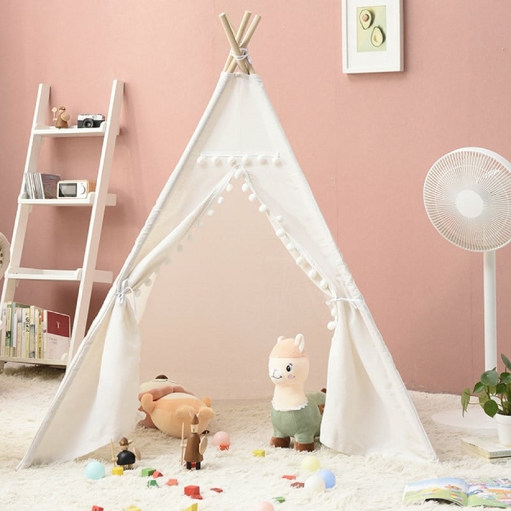 Tenda a soffietto portatile per bambini di colore bianco con all'interno dei peluche in una camera da letto rosa