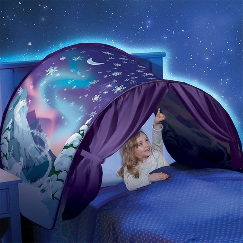 Tenda da letto per bambini blu e viola con bambina