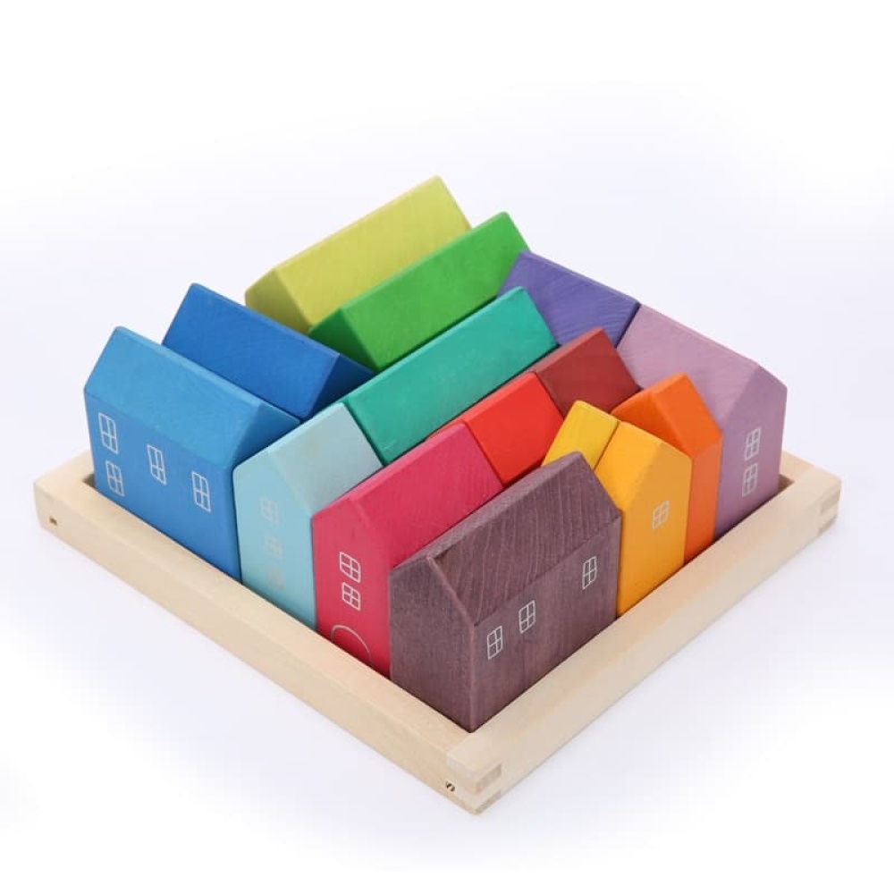 Blocchi casa in legno color arcobaleno per bambini in una scatola di legno