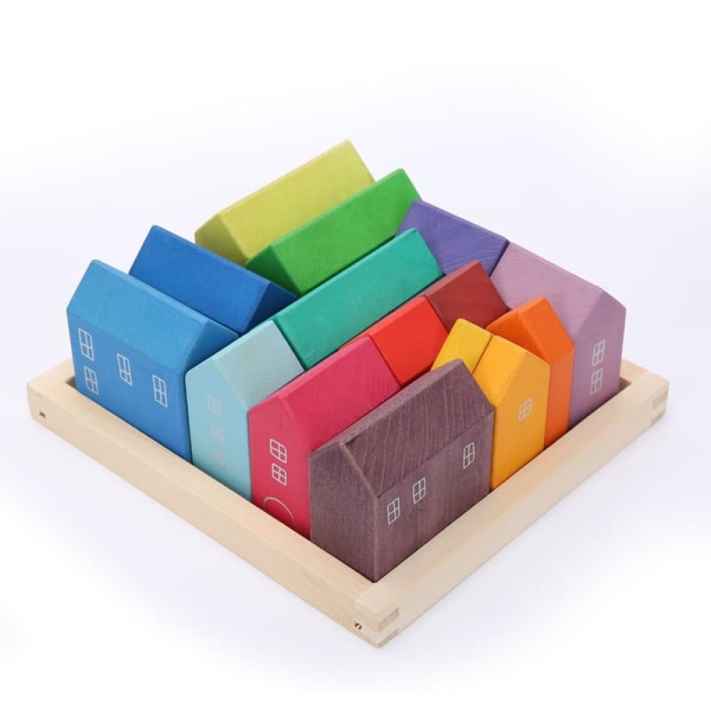Blocchi casa in legno arcobaleno per bambini Blocchi casa in legno color arcobaleno per bambini in una scatola di legno