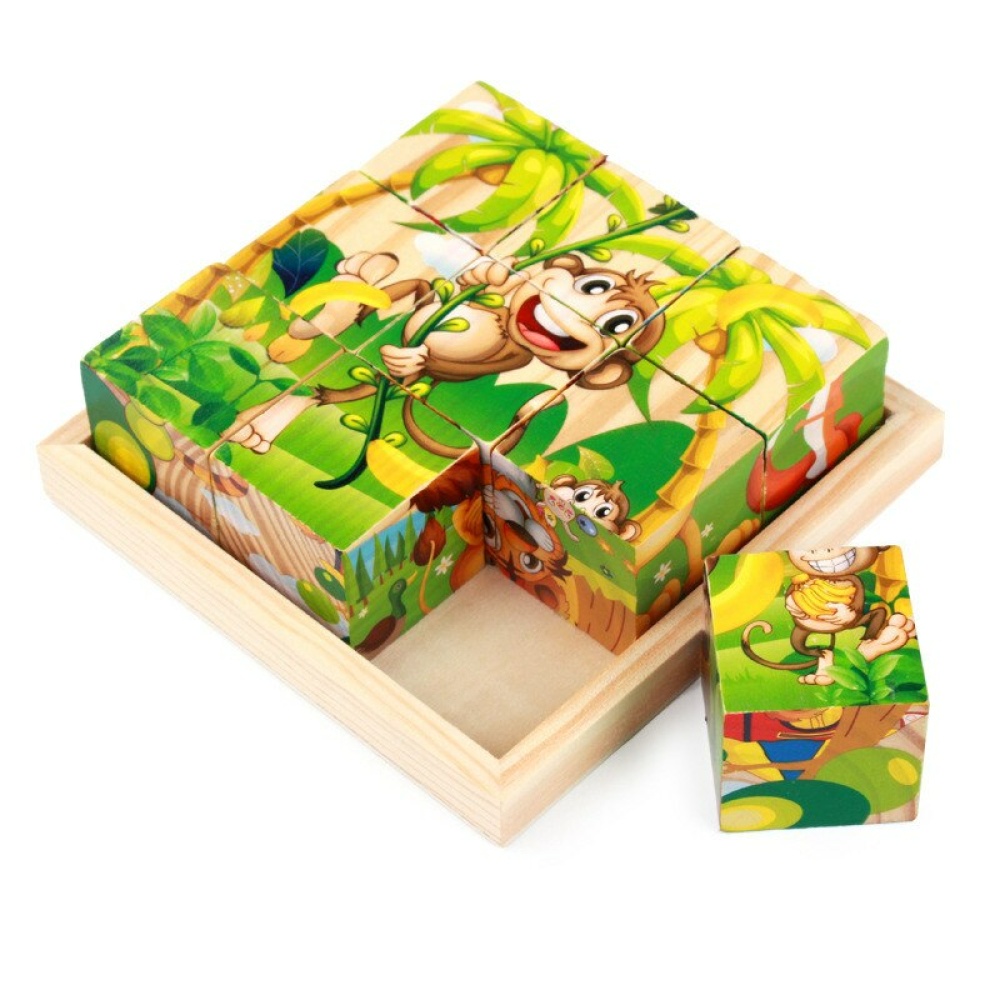 puzzle a cubo con motivo foresta in verde e sange in una scatola di legno