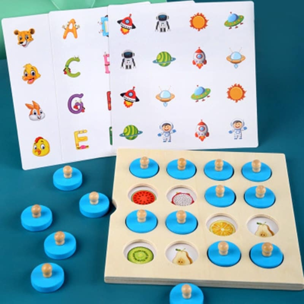 Puzzle in 3D, giochi di memoria in legno per bambini con pezzi blu e carte a fantasia