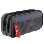 Astuccio per matite con doppio scomparto in grigio e nero con etichetta rossa