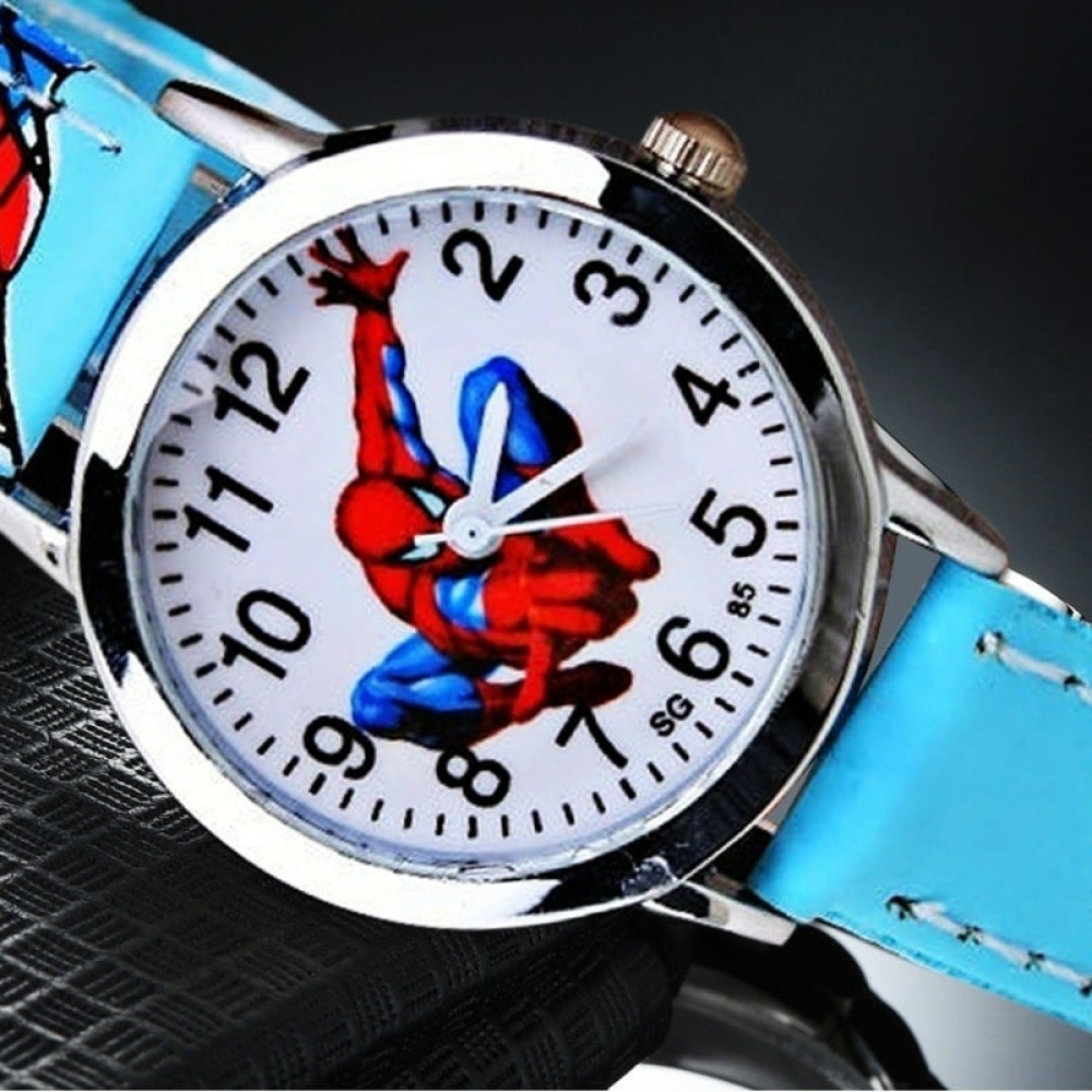 Orologio al quarzo con motivo Spiderman turchese e argento su sfondo nero con motivo dell'uomo ragno