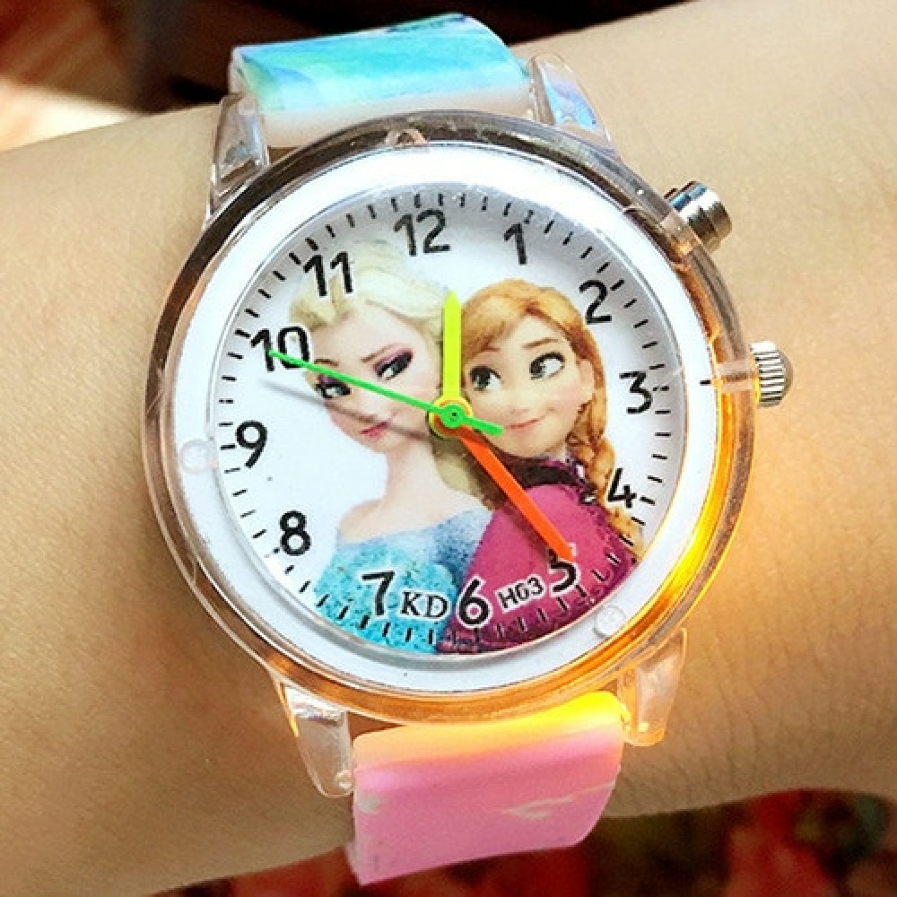 Orologio Queen con luce lampeggiante per bambine, disegno cartoon Elsa e Anna blu e rosa