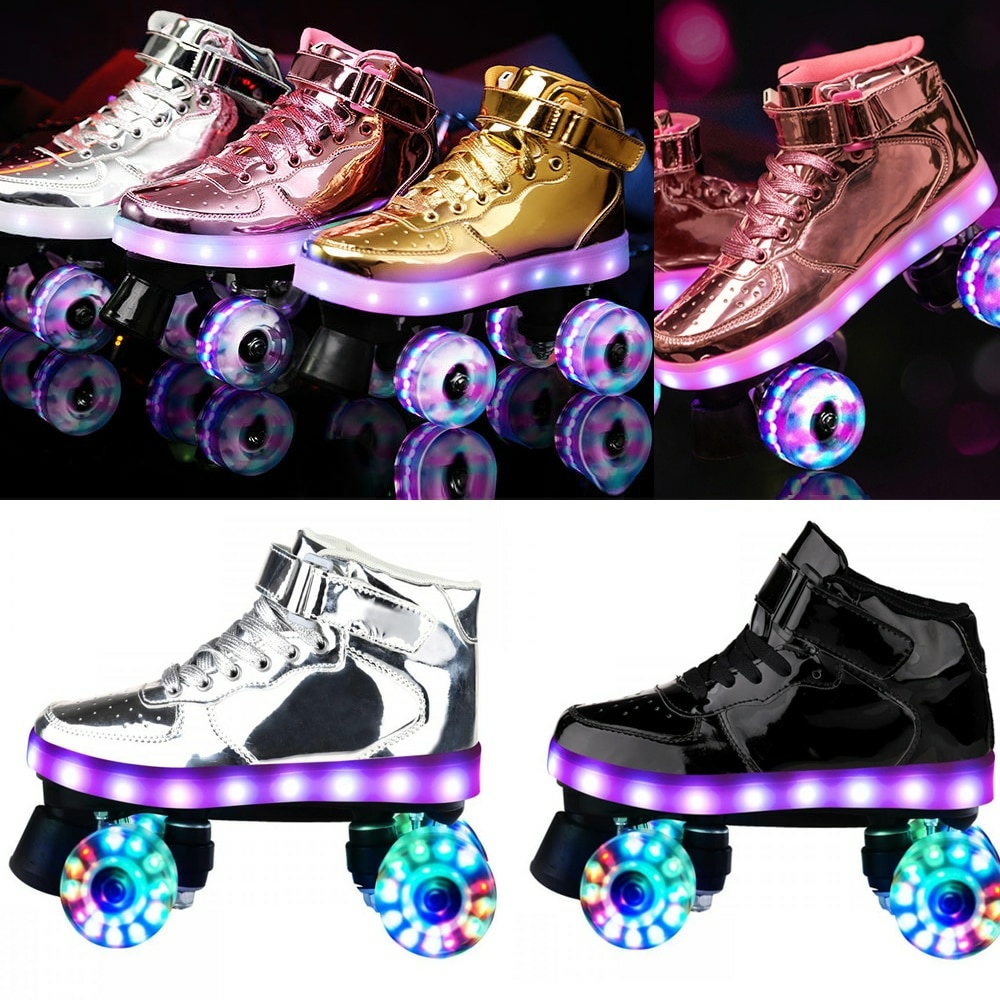 Pattini a rotelle a forma di scarpe da ginnastica. I pattini sono disponibili in diversi colori: bianco, nero, rosa, oro, ecc. I pattini hanno una striscia luminosa e ruote luminose, tutte ricaricabili.