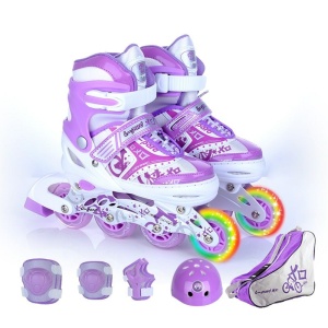 Scarpe da pattinaggio a rotelle per bambini viola e bianche con ruota arcobaleno