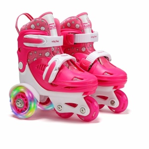 Pattini a rotelle regolabili per bambini in rosa e bianco con ruote posteriori colorate