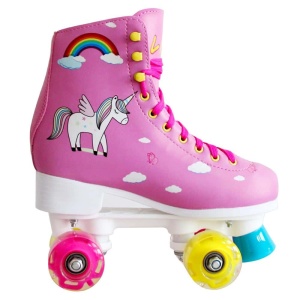 Pattini a 4 ruote con unicorno rosa per bambini con ruote rosa e gialle