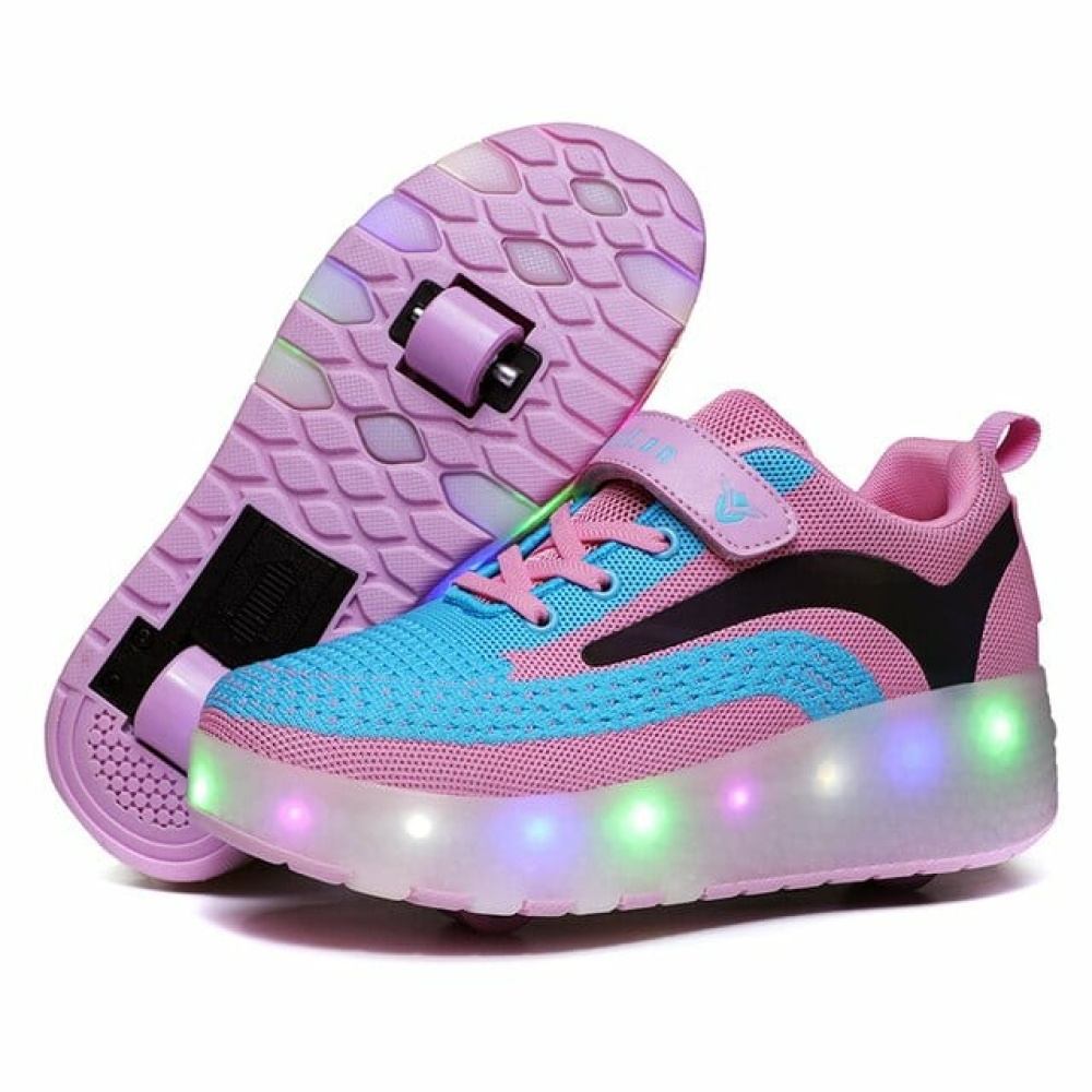 Scarpe da tennis a due ruote rosa e blu per bambini con luci a LED