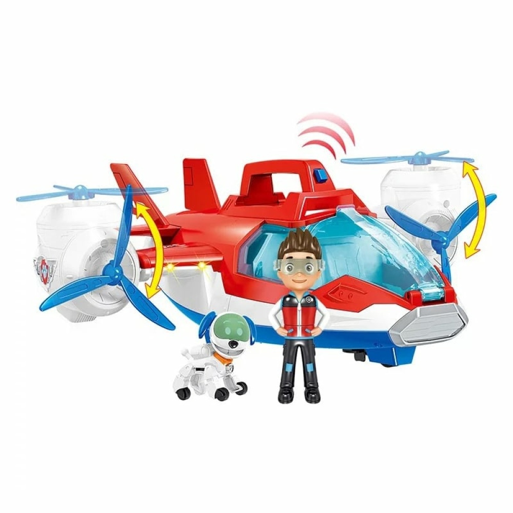 Aereo Ryder Patrol con figurina e cane su sfondo bianco