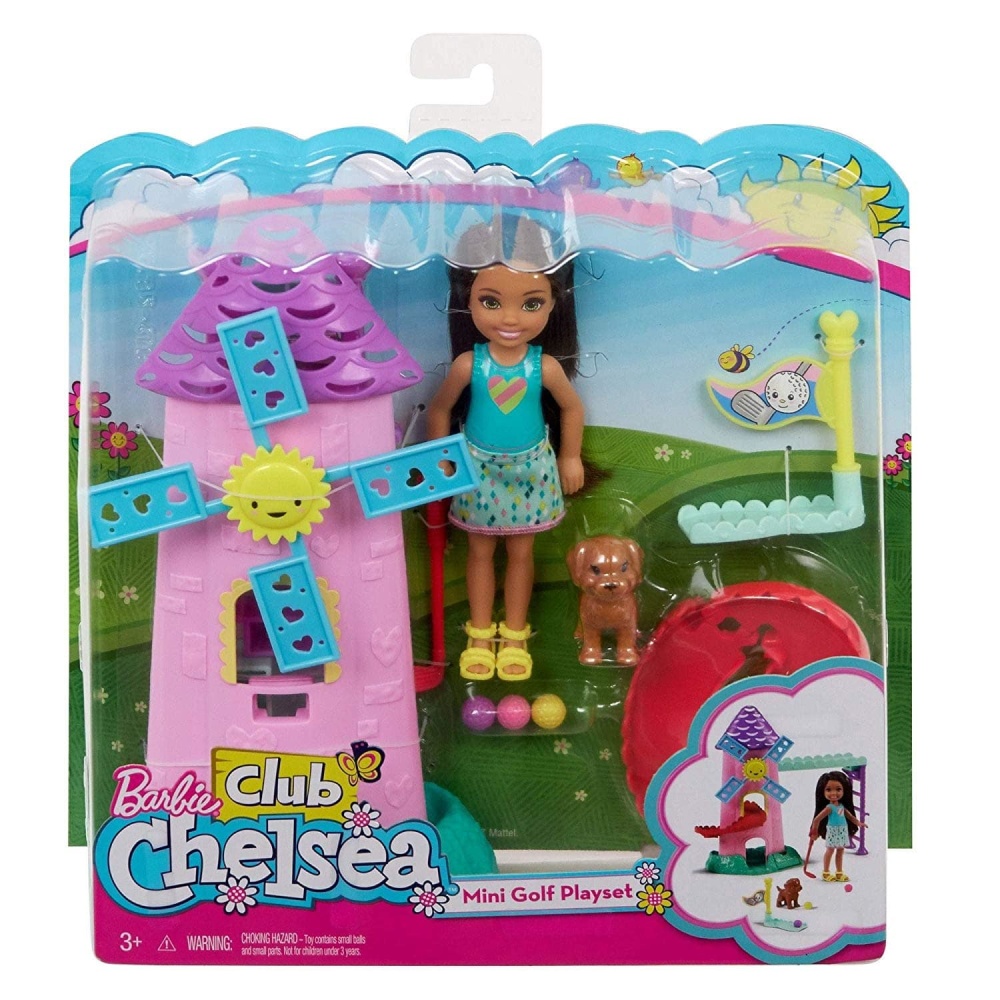 Campo da golf Barbie club Chelsea con mulino rosa e blu e accessori da golf