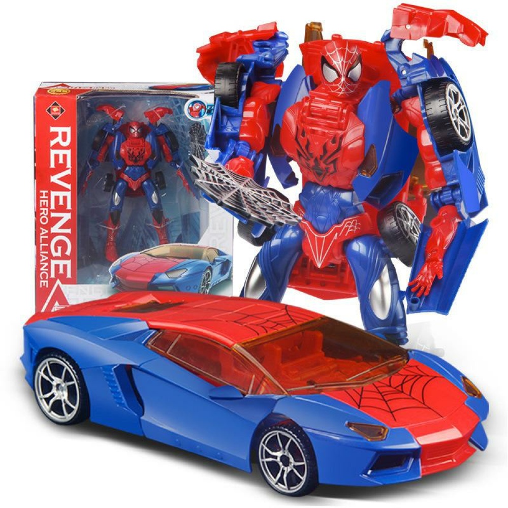 L'Uomo Ragno trasforma l'auto Auto transformer Spiderman in blu e rosso con motivo a ragno
