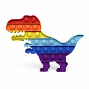 Giocattoli antistress arcobaleno con un motivo di dinosauro su sfondo bianco