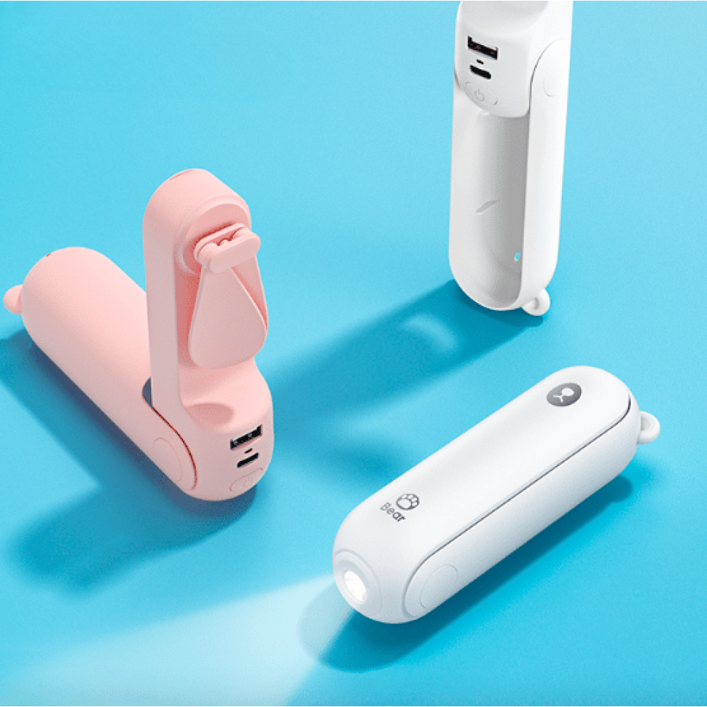 Mini ventilatore portatile 3-in-1 bianco e rosa con luce