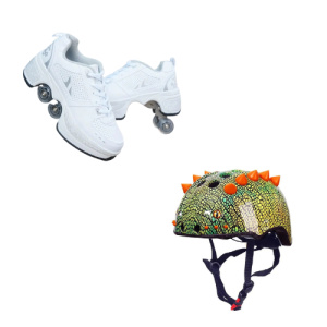 Pacchetto tennis a rotelle + casco da bambino in bianco e casco con paillettes