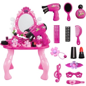 Tavolino da toeletta rosa con specchio e vari accessori per bambini