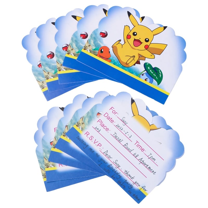 Biglietti di invito al compleanno Pokémon in carta con motivo pikachu bulbizarre su sfondo blu