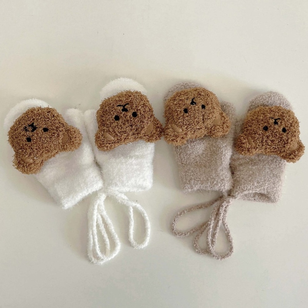 Guanti caldi a maglia con orso per bambini in bianco e marrone con orso marrone