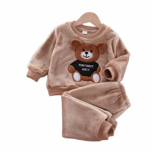 Set di pigiama in flanella e pile per bambini, marrone con orso sul davanti