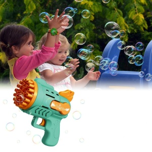 Pistola automatica a bolle d'aria per bambini con bambini che giocano con la pistola verde