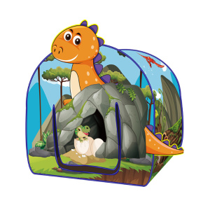 Una coloratissima tenda per bambini con un disegno di dinosauro sul davanti e una scena di natura sul lato. Sulla parte anteriore, ha una porta a tenda raffigurante uova di dinosauro.