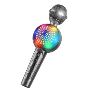 Un microfono karaoke wireless grigio per bambini con un altoparlante centrale multicolore