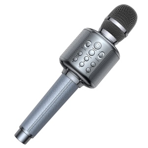 Un microfono karaoke grigio per bambini. Ha delle manopole di regolazione sull'impugnatura. L'impugnatura è realizzata in tessuto cucito.