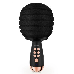 Un microfono karaoke nero per bambini, con pulsanti rosa integrati nell'impugnatura e un vano batteria sottostante.