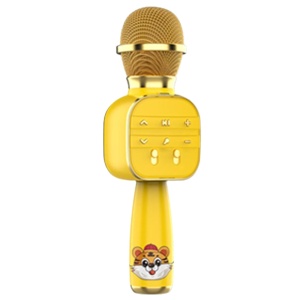 Un microfono per karaoke per bambini. È di colore giallo brillante con una piccola tigre dei cartoni animati sull'impugnatura. Nella parte superiore del collo, ci sono dei pulsanti per la regolazione. La parte superiore del microfono è dorata.